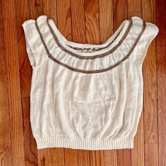 Knitted & Knotted cap sleeve cream-colored sweater - Size Large - Picture 1 of 4